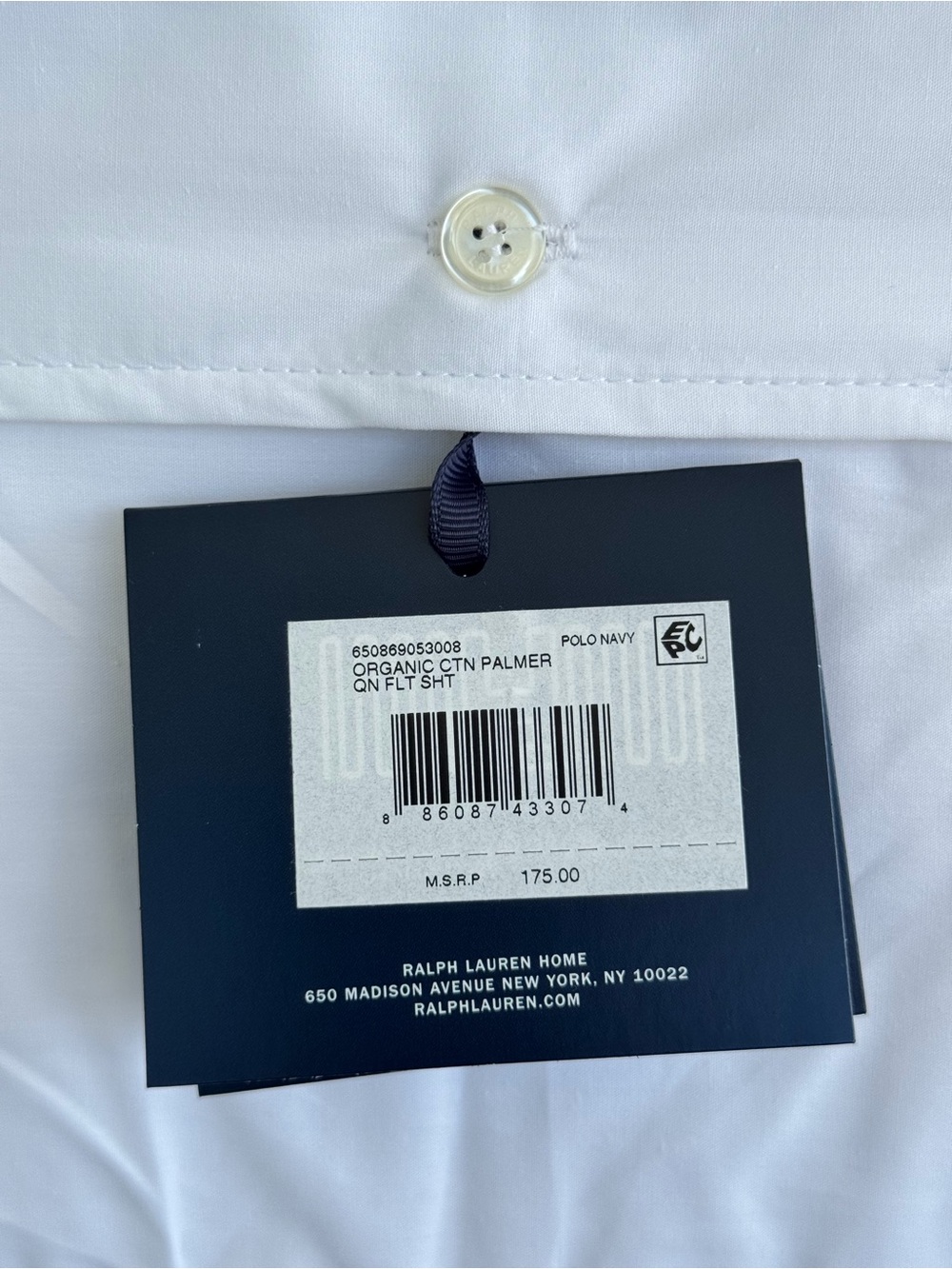 Ralph Lauren Palmer Percale Queen Flat Sheet Organic Cotton 464TC Navy Trim NWT - Picture 6 of 8